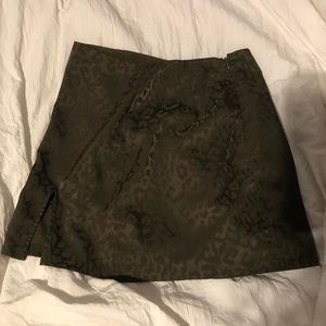 Satin Green Lepard Mini Skirt With Side Slit